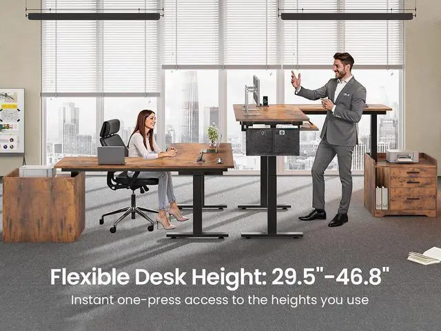 Alt view image 3 of 7 - L Shaped Electric Standing Desk with File Cabinet, 63 x 53'' Height Adjustable Home Office Computer Desk with 3 Drawers, Power Outlet, Stand up Gaming Table with Led Lights, Rustic Brown