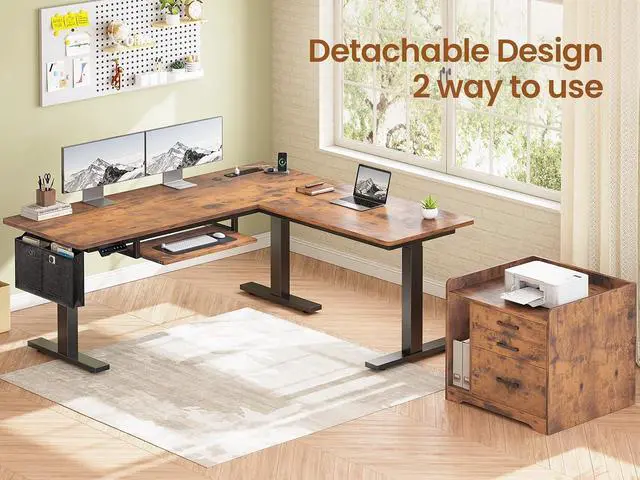 Alt view image 4 of 7 - L Shaped Electric Standing Desk with File Cabinet, 63 x 53'' Height Adjustable Home Office Computer Desk with 3 Drawers, Power Outlet, Stand up Gaming Table with Led Lights, Rustic Brown