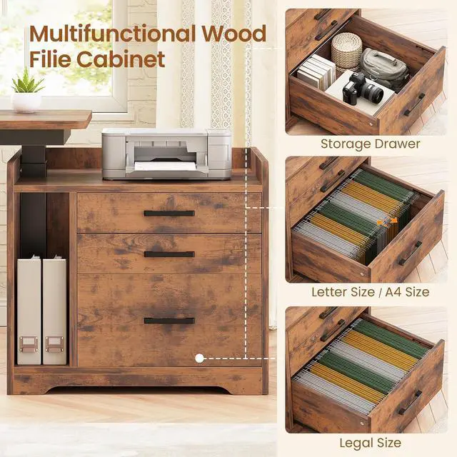 Alt view image 5 of 7 - L Shaped Electric Standing Desk with File Cabinet, 63 x 53'' Height Adjustable Home Office Computer Desk with 3 Drawers, Power Outlet, Stand up Gaming Table with Led Lights, Rustic Brown