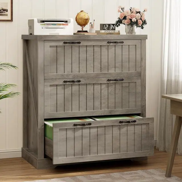 Alt view image 7 of 7 - File Cabinet for Home Office, Farmhouse 3 Drawer Filing Cabinet, Wood Office File Cabinets for Letter/Legal/A4 Size, Lateral File Cabinets with Printer Stand, Grey