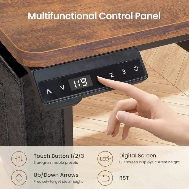 Alt view image 7 of 7 - L Shaped Electric Standing Desk with File Cabinet, 63 x 53'' Height Adjustable Home Office Computer Desk with 3 Drawers, Power Outlet, Stand up Gaming Table with Led Lights, Rustic Brown
