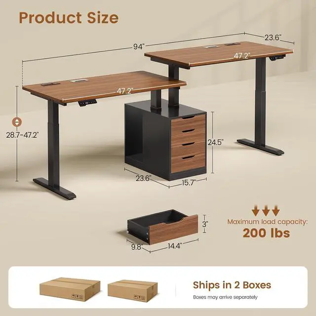 Alt view image 2 of 7 - Standing Two Person Desk, 94'' Long Computer Desk with 4 Drawers, 2 Power Outlets, CPU Stand, Electric Height Adjustable 2 Person Desk with Cable Management for Home Office, Black+Brown