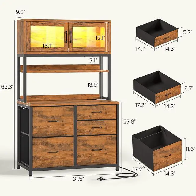 Alt view image 2 of 7 - 5 Drawer File Cabinet with Power Strip, 31.5" Filing Cabinet fits Legal, Letter, A4 Size File for Home Office with Printer Stand, LED Lights and Storage Shelf (Rustic Brown)