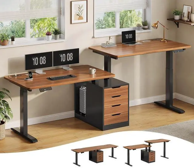 Main image of Standing Two Person Desk, 94'' Long Computer Desk with 4 Drawers, 2 Power Outlets, CPU Stand, Electric Height Adjustable 2 Person Desk with Cable Management for Home Office, Black+Brown