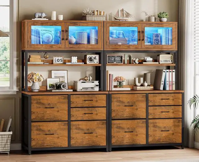 Alt view image 3 of 7 - 5 Drawer File Cabinet with Power Strip, 31.5" Filing Cabinet fits Legal, Letter, A4 Size File for Home Office with Printer Stand, LED Lights and Storage Shelf (Rustic Brown)