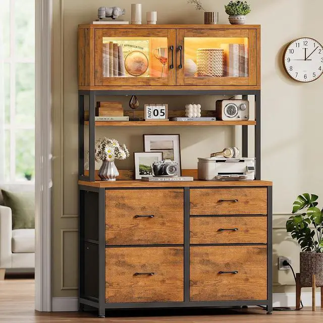 Main image of 5 Drawer File Cabinet with Power Strip, 31.5" Filing Cabinet fits Legal, Letter, A4 Size File for Home Office with Printer Stand, LED Lights and Storage Shelf (Rustic Brown)