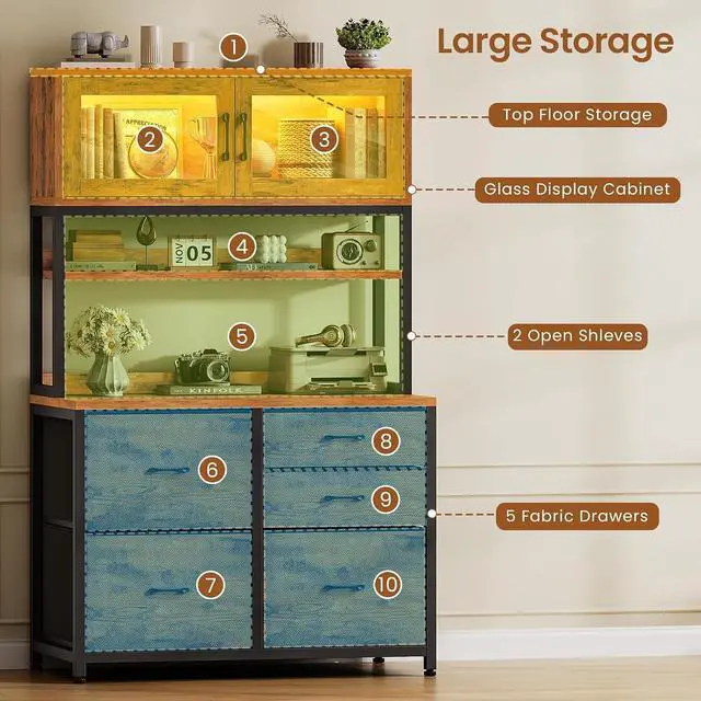 Alt view image 5 of 7 - 5 Drawer File Cabinet with Power Strip, 31.5" Filing Cabinet fits Legal, Letter, A4 Size File for Home Office with Printer Stand, LED Lights and Storage Shelf (Rustic Brown)