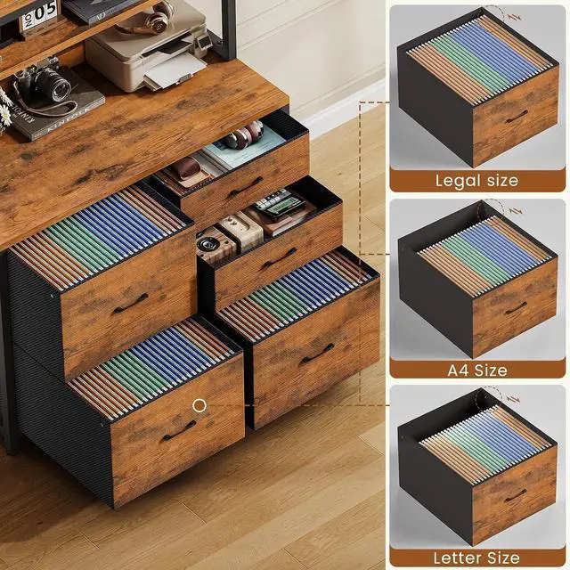 Alt view image 4 of 7 - 5 Drawer File Cabinet with Power Strip, 31.5" Filing Cabinet fits Legal, Letter, A4 Size File for Home Office with Printer Stand, LED Lights and Storage Shelf (Rustic Brown)