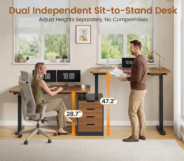 Alt view image 4 of 7 - Standing Two Person Desk, 94'' Long Computer Desk with 4 Drawers, 2 Power Outlets, CPU Stand, Electric Height Adjustable 2 Person Desk with Cable Management for Home Office, Black+Brown
