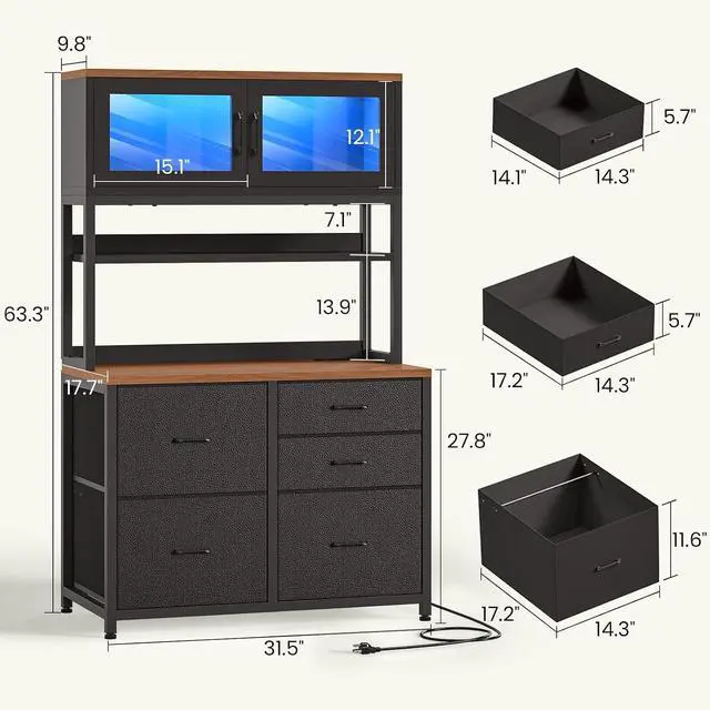 Alt view image 2 of 7 - 5 Drawer File Cabinet with Power Strip, 31.5" Filing Cabinet fits Legal, Letter, A4 Size File for Home Office with Printer Stand, LED Lights and Storage Shelf, Black and Brown