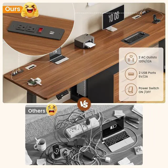 Alt view image 6 of 7 - Standing Two Person Desk, 94'' Long Computer Desk with 4 Drawers, 2 Power Outlets, CPU Stand, Electric Height Adjustable 2 Person Desk with Cable Management for Home Office, Black+Brown