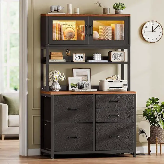 Main image of 5 Drawer File Cabinet with Power Strip, 31.5" Filing Cabinet fits Legal, Letter, A4 Size File for Home Office with Printer Stand, LED Lights and Storage Shelf, Black and Brown