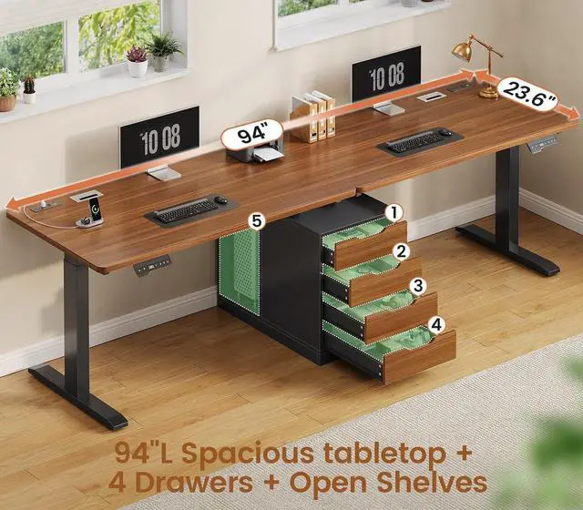 Alt view image 5 of 7 - Standing Two Person Desk, 94'' Long Computer Desk with 4 Drawers, 2 Power Outlets, CPU Stand, Electric Height Adjustable 2 Person Desk with Cable Management for Home Office, Black+Brown