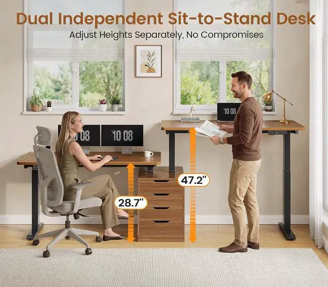 Alt view image 3 of 7 - Standing Two Person Desk, 94'' Long Computer Desk with 4 Drawers, 2 Power Outlets, CPU Stand, Electric Height Adjustable 2 Person Desk with Cable Management for Home Office, Brown