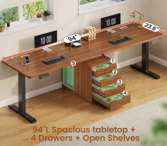 Alt view image 4 of 7 - Standing Two Person Desk, 94'' Long Computer Desk with 4 Drawers, 2 Power Outlets, CPU Stand, Electric Height Adjustable 2 Person Desk with Cable Management for Home Office, Brown