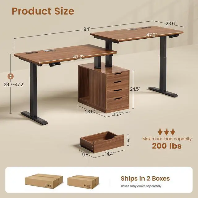 Alt view image 2 of 7 - Standing Two Person Desk, 94'' Long Computer Desk with 4 Drawers, 2 Power Outlets, CPU Stand, Electric Height Adjustable 2 Person Desk with Cable Management for Home Office, Brown