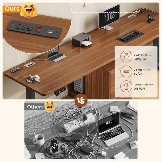 Alt view image 5 of 7 - Standing Two Person Desk, 94'' Long Computer Desk with 4 Drawers, 2 Power Outlets, CPU Stand, Electric Height Adjustable 2 Person Desk with Cable Management for Home Office, Brown