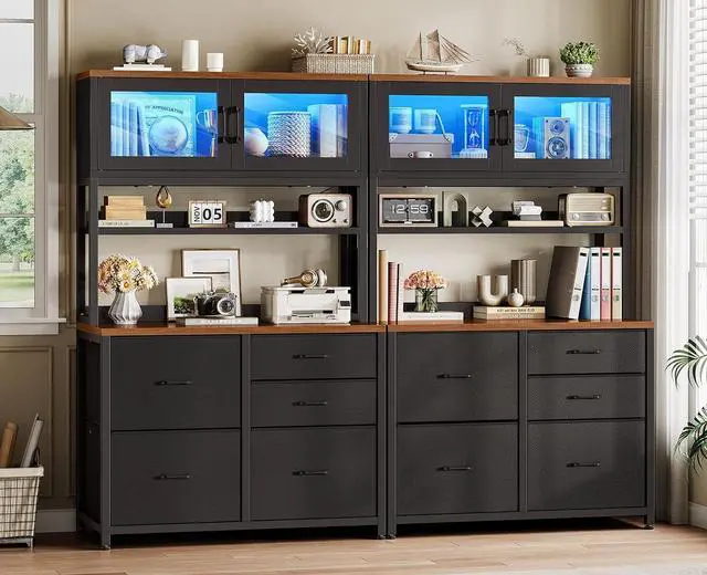Alt view image 3 of 7 - 5 Drawer File Cabinet with Power Strip, 31.5" Filing Cabinet fits Legal, Letter, A4 Size File for Home Office with Printer Stand, LED Lights and Storage Shelf, Black and Brown
