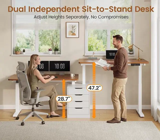 Alt view image 3 of 7 - Standing Two Person Desk, 94'' Long Computer Desk with 4 Drawers, 2 Power Outlets, CPU Stand, Electric Height Adjustable 2 Person Desk with Cable Management for Home Office, White+Brown