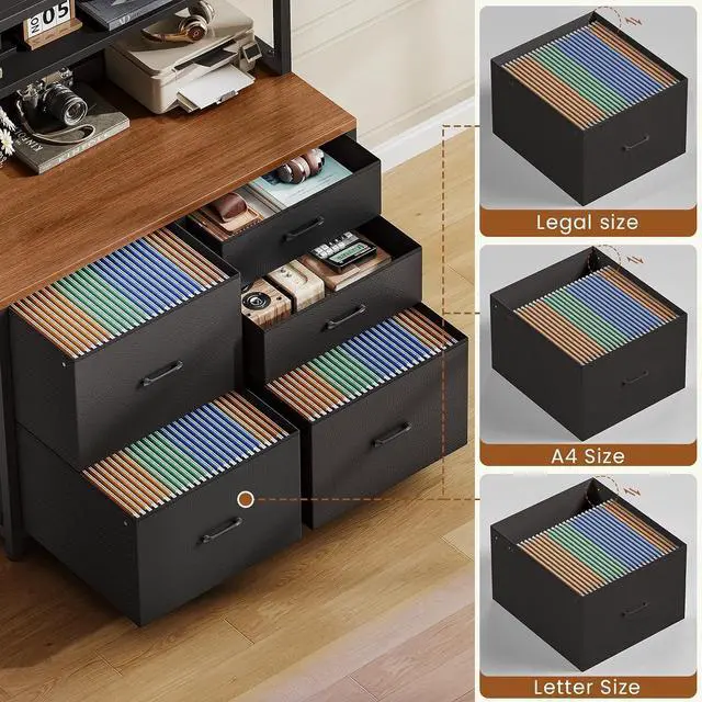 Alt view image 4 of 7 - 5 Drawer File Cabinet with Power Strip, 31.5" Filing Cabinet fits Legal, Letter, A4 Size File for Home Office with Printer Stand, LED Lights and Storage Shelf, Black and Brown