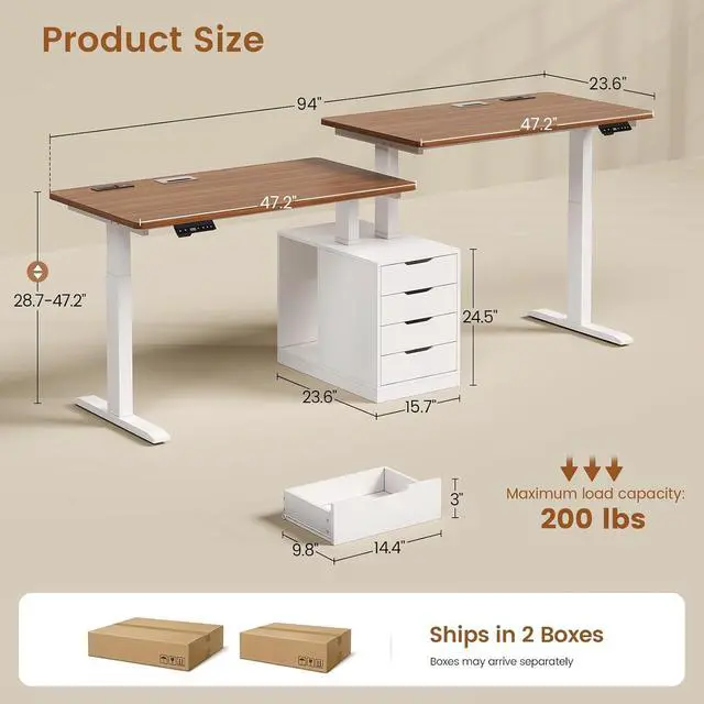 Alt view image 2 of 7 - Standing Two Person Desk, 94'' Long Computer Desk with 4 Drawers, 2 Power Outlets, CPU Stand, Electric Height Adjustable 2 Person Desk with Cable Management for Home Office, White+Brown