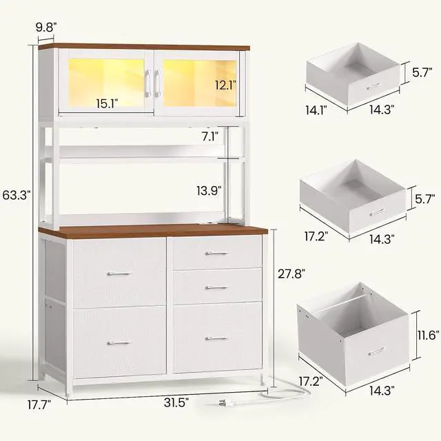 Alt view image 2 of 7 - 5 Drawer File Cabinet with Power Strip, 31.5" Filing Cabinet fits Legal, Letter, A4 Size File for Home Office with Printer Stand, LED Lights and Storage Shelf, White + Brown