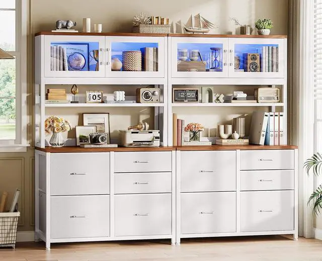 Alt view image 3 of 7 - 5 Drawer File Cabinet with Power Strip, 31.5" Filing Cabinet fits Legal, Letter, A4 Size File for Home Office with Printer Stand, LED Lights and Storage Shelf, White + Brown