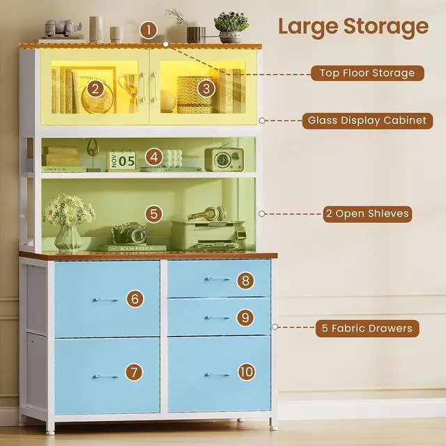 Alt view image 5 of 7 - 5 Drawer File Cabinet with Power Strip, 31.5" Filing Cabinet fits Legal, Letter, A4 Size File for Home Office with Printer Stand, LED Lights and Storage Shelf, White + Brown