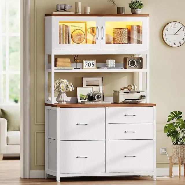 Main image of 5 Drawer File Cabinet with Power Strip, 31.5" Filing Cabinet fits Legal, Letter, A4 Size File for Home Office with Printer Stand, LED Lights and Storage Shelf, White + Brown