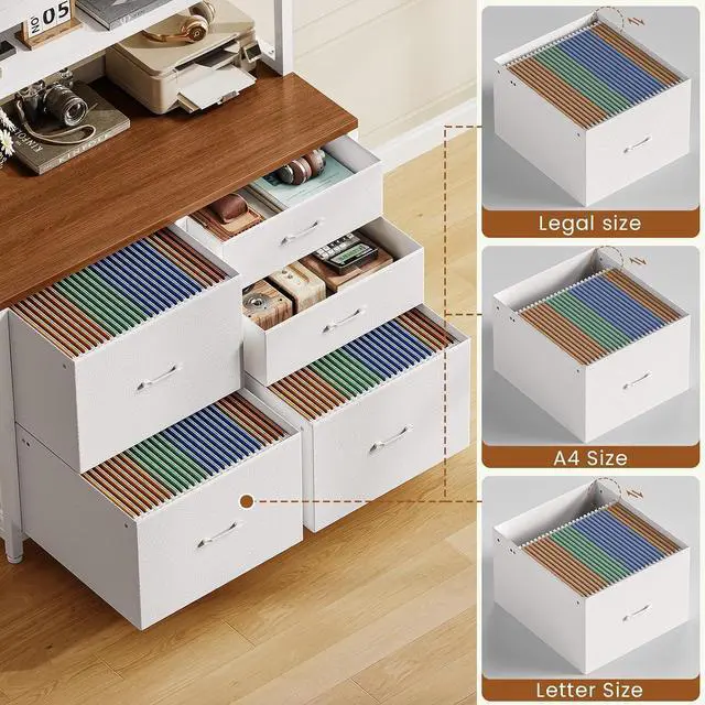 Alt view image 4 of 7 - 5 Drawer File Cabinet with Power Strip, 31.5" Filing Cabinet fits Legal, Letter, A4 Size File for Home Office with Printer Stand, LED Lights and Storage Shelf, White + Brown