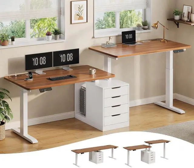 Main image of Standing Two Person Desk, 94'' Long Computer Desk with 4 Drawers, 2 Power Outlets, CPU Stand, Electric Height Adjustable 2 Person Desk with Cable Management for Home Office, White+Brown
