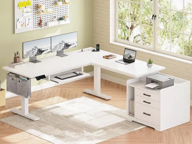 Main image of L Shaped Electric Standing Desk with File Cabinet, 63 x 53'' Height Adjustable Home Office Computer Desk with Drawers, Power Outlet, Stand up Gaming Table with Led Lights, Keyboard Tray, White