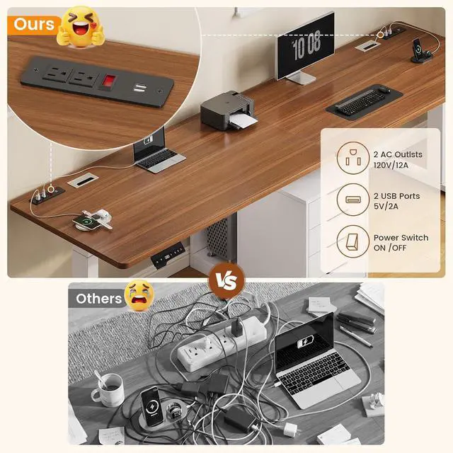 Alt view image 5 of 7 - Standing Two Person Desk, 94'' Long Computer Desk with 4 Drawers, 2 Power Outlets, CPU Stand, Electric Height Adjustable 2 Person Desk with Cable Management for Home Office, White+Brown