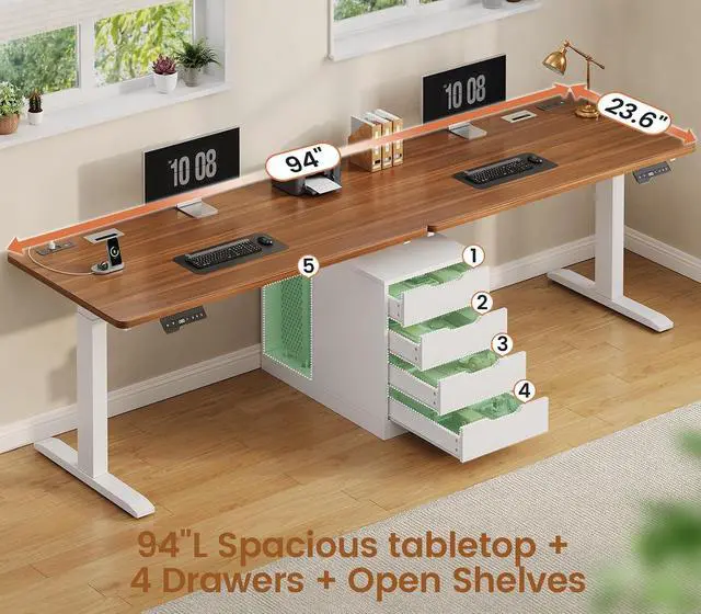 Alt view image 6 of 7 - Standing Two Person Desk, 94'' Long Computer Desk with 4 Drawers, 2 Power Outlets, CPU Stand, Electric Height Adjustable 2 Person Desk with Cable Management for Home Office, White+Brown
