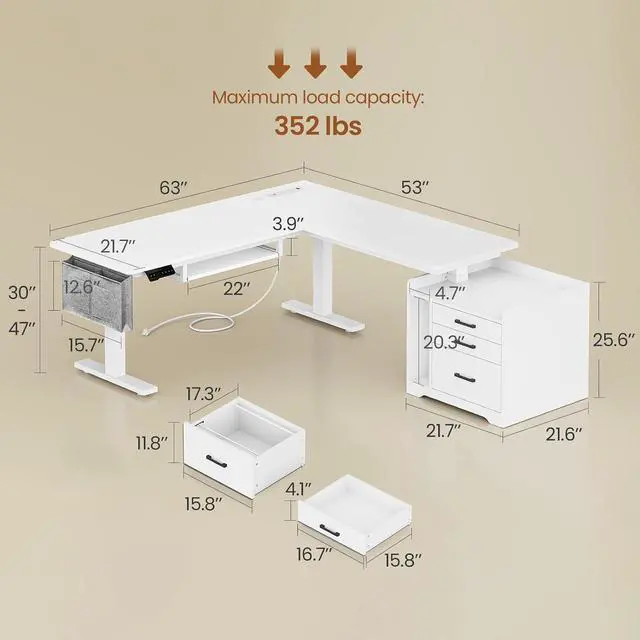 Alt view image 2 of 7 - L Shaped Electric Standing Desk with File Cabinet, 63 x 53'' Height Adjustable Home Office Computer Desk with Drawers, Power Outlet, Stand up Gaming Table with Led Lights, Keyboard Tray, White