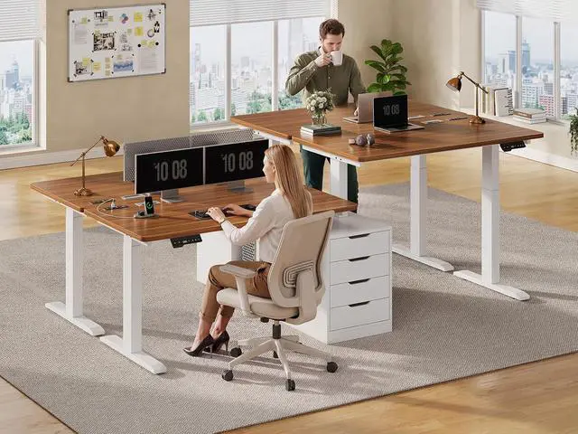 Alt view image 7 of 7 - Standing Two Person Desk, 94'' Long Computer Desk with 4 Drawers, 2 Power Outlets, CPU Stand, Electric Height Adjustable 2 Person Desk with Cable Management for Home Office, White+Brown