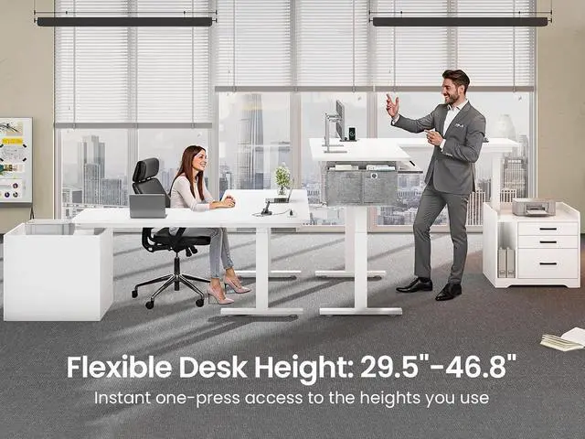 Alt view image 3 of 7 - L Shaped Electric Standing Desk with File Cabinet, 63 x 53'' Height Adjustable Home Office Computer Desk with Drawers, Power Outlet, Stand up Gaming Table with Led Lights, Keyboard Tray, White
