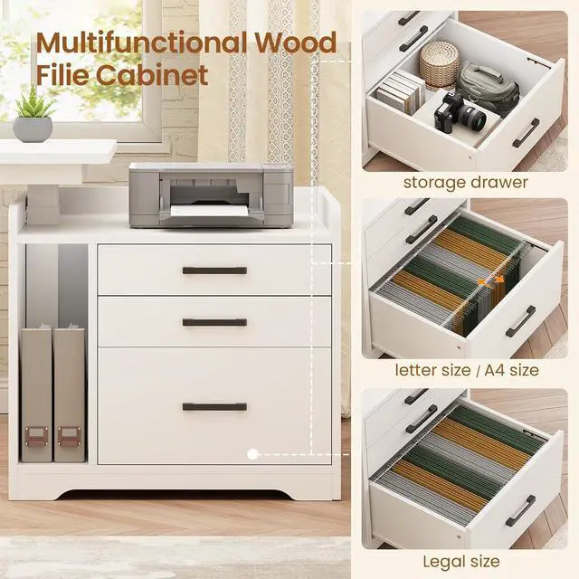 Alt view image 5 of 7 - L Shaped Electric Standing Desk with File Cabinet, 63 x 53'' Height Adjustable Home Office Computer Desk with Drawers, Power Outlet, Stand up Gaming Table with Led Lights, Keyboard Tray, White