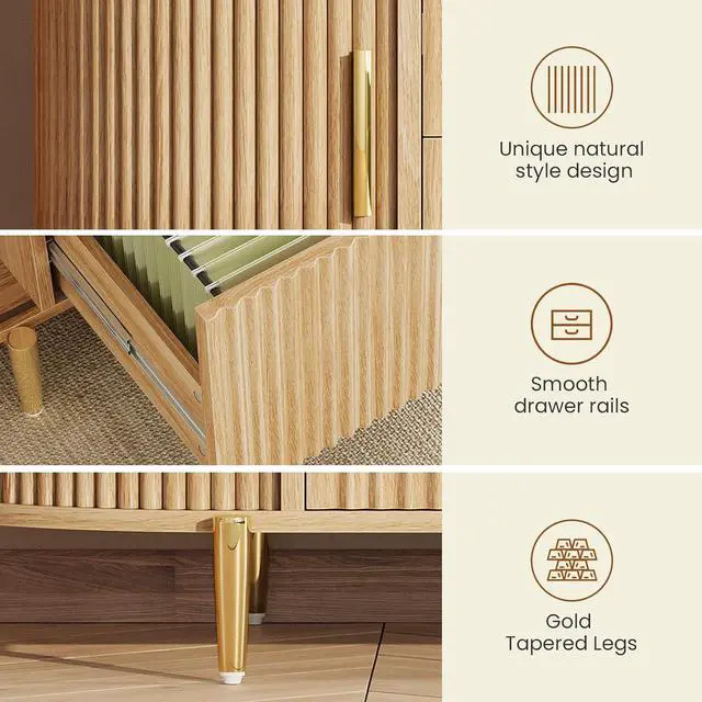 Alt view image 6 of 7 - 2 Drawer File Cabinet, 39.4" Filing Cabinet for Home Office, fit Legal/Letter/A4 Size, Modern Fluted Filing Cabinets with 2 Sliding Door Storage, Printer Stand, Natural
