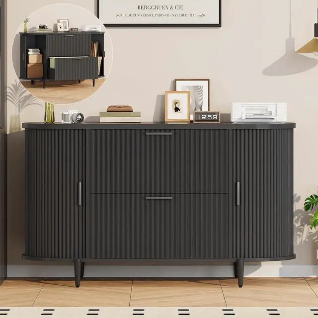 Main image of 39.4" Filing Cabinet for Home Office, 2 Drawer File Cabinet, fit Legal/Letter/A4 Size, Modern Fluted Filing Cabinets with 2 Sliding Door Storage, Printer Stand, Black