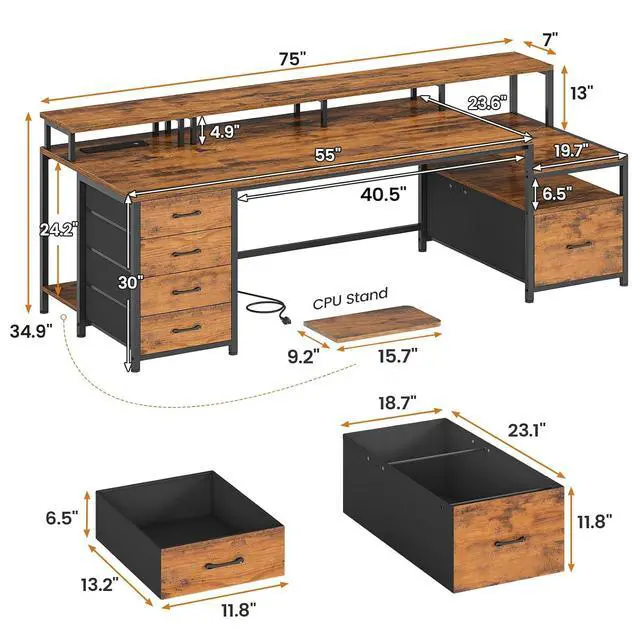 Alt view image 2 of 7 - Home Office Desk with File Drawer & Power Outlet, 75'' Large Computer Desk with 5 Drawer, Storage Shelves, Monitor Shelf and Led Lights, 23.6" W Desktop Gaming Desk, Rustic Brown