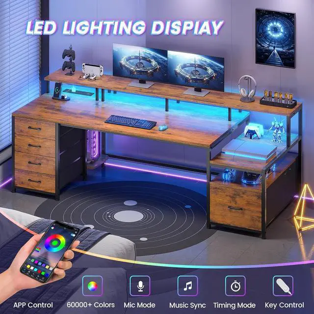 Alt view image 3 of 7 - Home Office Desk with File Drawer & Power Outlet, 75'' Large Computer Desk with 5 Drawer, Storage Shelves, Monitor Shelf and Led Lights, 23.6" W Desktop Gaming Desk, Rustic Brown