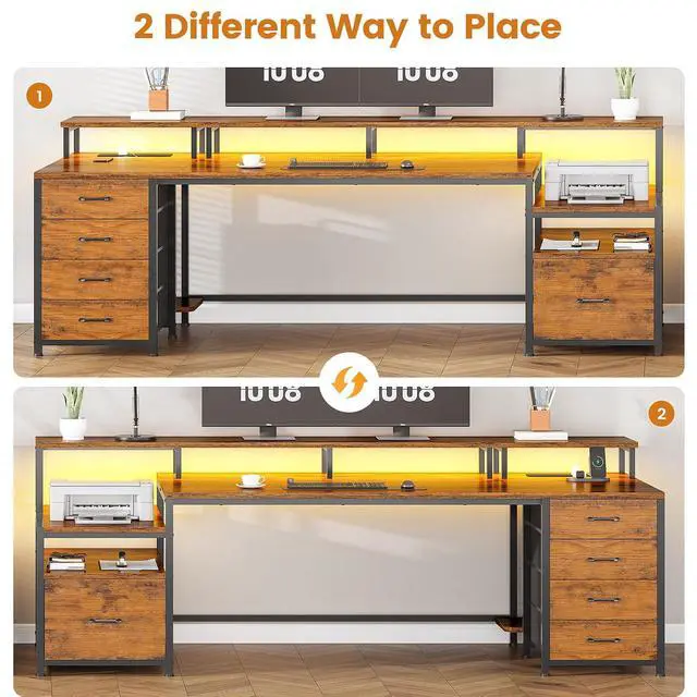 Alt view image 4 of 7 - Home Office Desk with File Drawer & Power Outlet, 75'' Large Computer Desk with 5 Drawer, Storage Shelves, Monitor Shelf and Led Lights, 23.6" W Desktop Gaming Desk, Rustic Brown