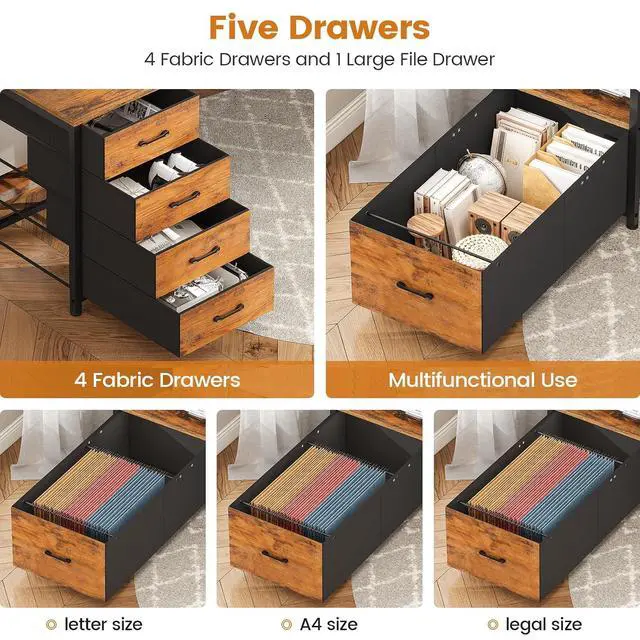 Alt view image 5 of 7 - Home Office Desk with File Drawer & Power Outlet, 75'' Large Computer Desk with 5 Drawer, Storage Shelves, Monitor Shelf and Led Lights, 23.6" W Desktop Gaming Desk, Rustic Brown
