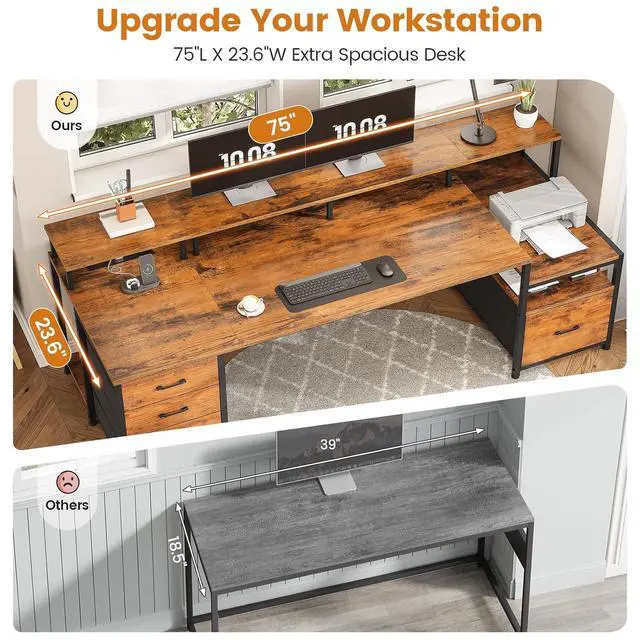 Alt view image 6 of 7 - Home Office Desk with File Drawer & Power Outlet, 75'' Large Computer Desk with 5 Drawer, Storage Shelves, Monitor Shelf and Led Lights, 23.6" W Desktop Gaming Desk, Rustic Brown
