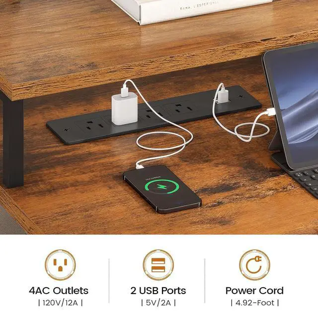 Alt view image 7 of 7 - Home Office Desk with File Drawer & Power Outlet, 75'' Large Computer Desk with 5 Drawer, Storage Shelves, Monitor Shelf and Led Lights, 23.6" W Desktop Gaming Desk, Rustic Brown