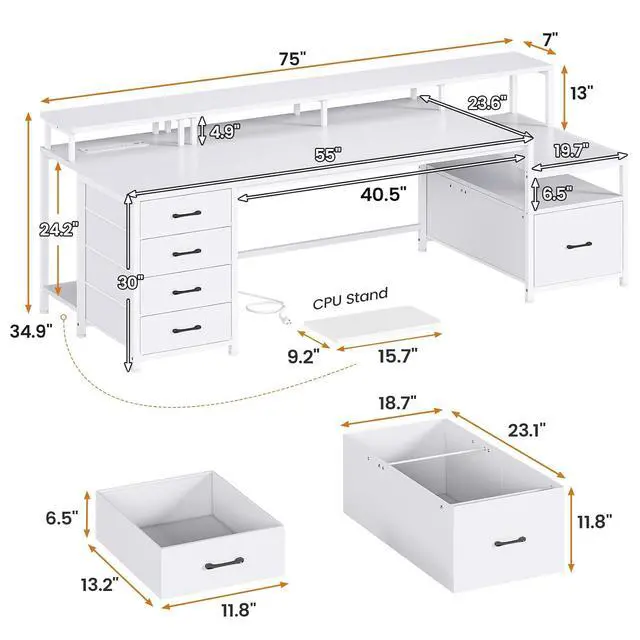 Alt view image 2 of 7 - White Computer Desk with 5 Drawer & Power Outlet, 75'' Home Office Desk with File Drawer, Storage Shelves, Printer Cabinet and Monitor Shelf, Gaming Desk with Led Lights, 23.6" W Desktop