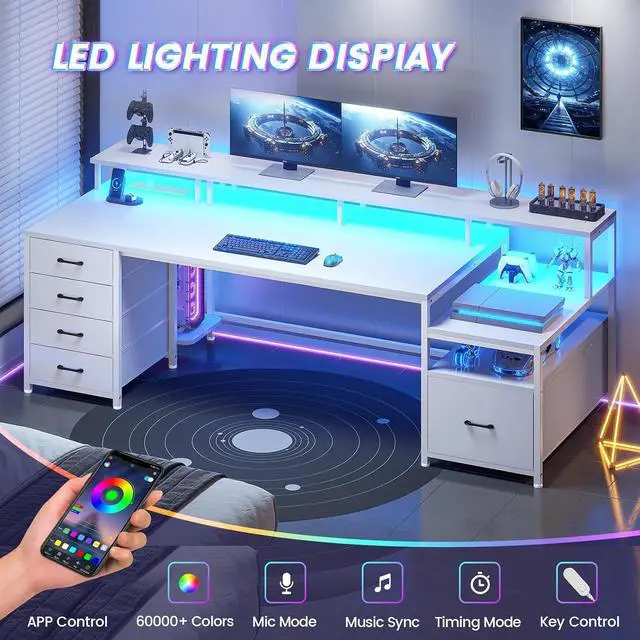 Alt view image 3 of 7 - White Computer Desk with 5 Drawer & Power Outlet, 75'' Home Office Desk with File Drawer, Storage Shelves, Printer Cabinet and Monitor Shelf, Gaming Desk with Led Lights, 23.6" W Desktop