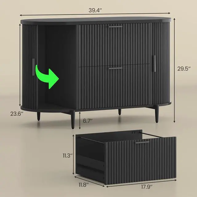 Alt view image 2 of 7 - 39.4" Filing Cabinet for Home Office, 2 Drawer File Cabinet, fit Legal/Letter/A4 Size, Modern Fluted Filing Cabinets with 2 Sliding Door Storage, Printer Stand, Black