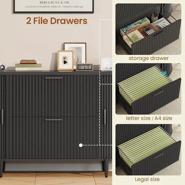 Alt view image 4 of 7 - 39.4" Filing Cabinet for Home Office, 2 Drawer File Cabinet, fit Legal/Letter/A4 Size, Modern Fluted Filing Cabinets with 2 Sliding Door Storage, Printer Stand, Black